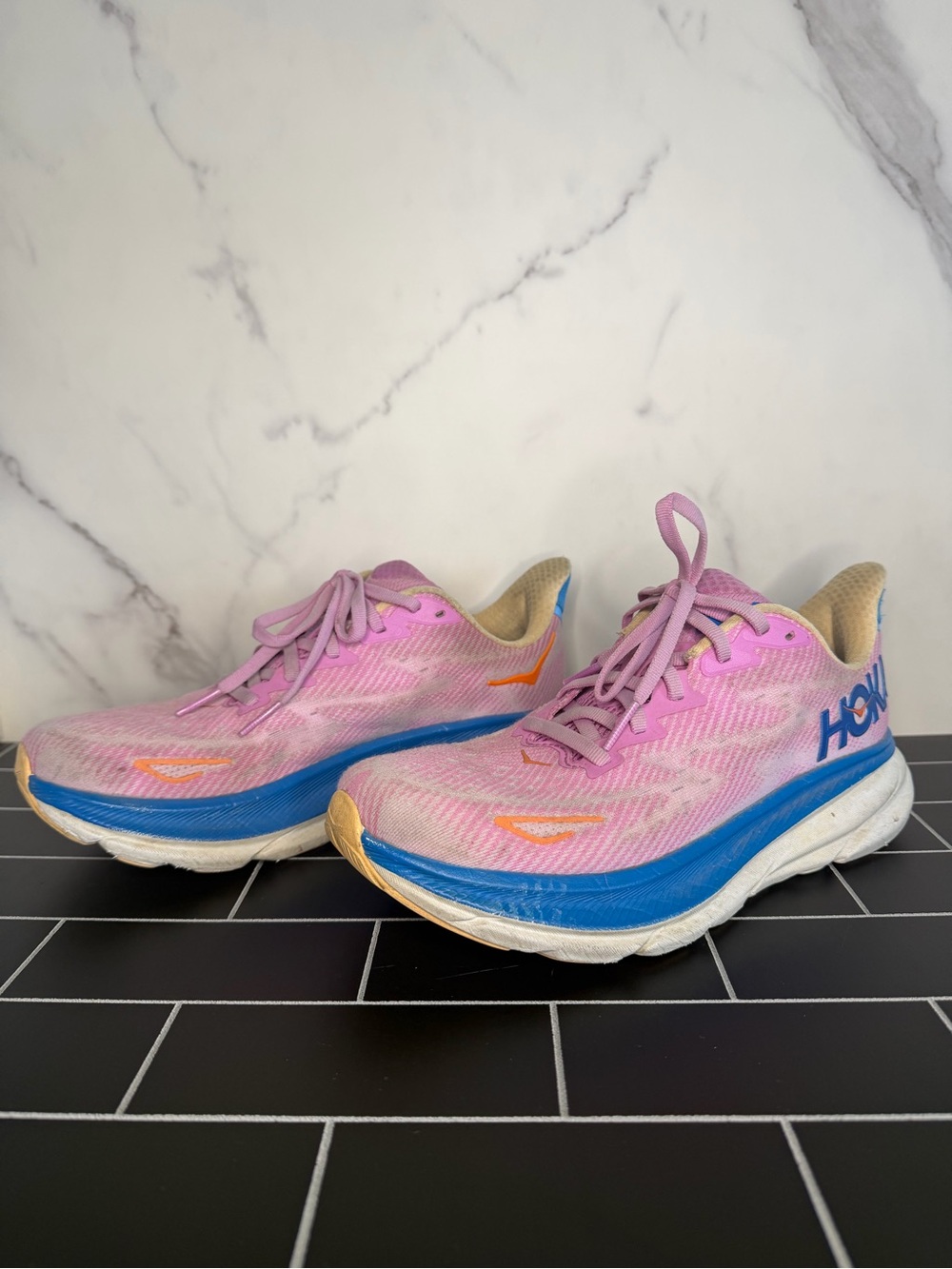 Hoka One Women's Pink and Blue Running Shoes with Orange Accents